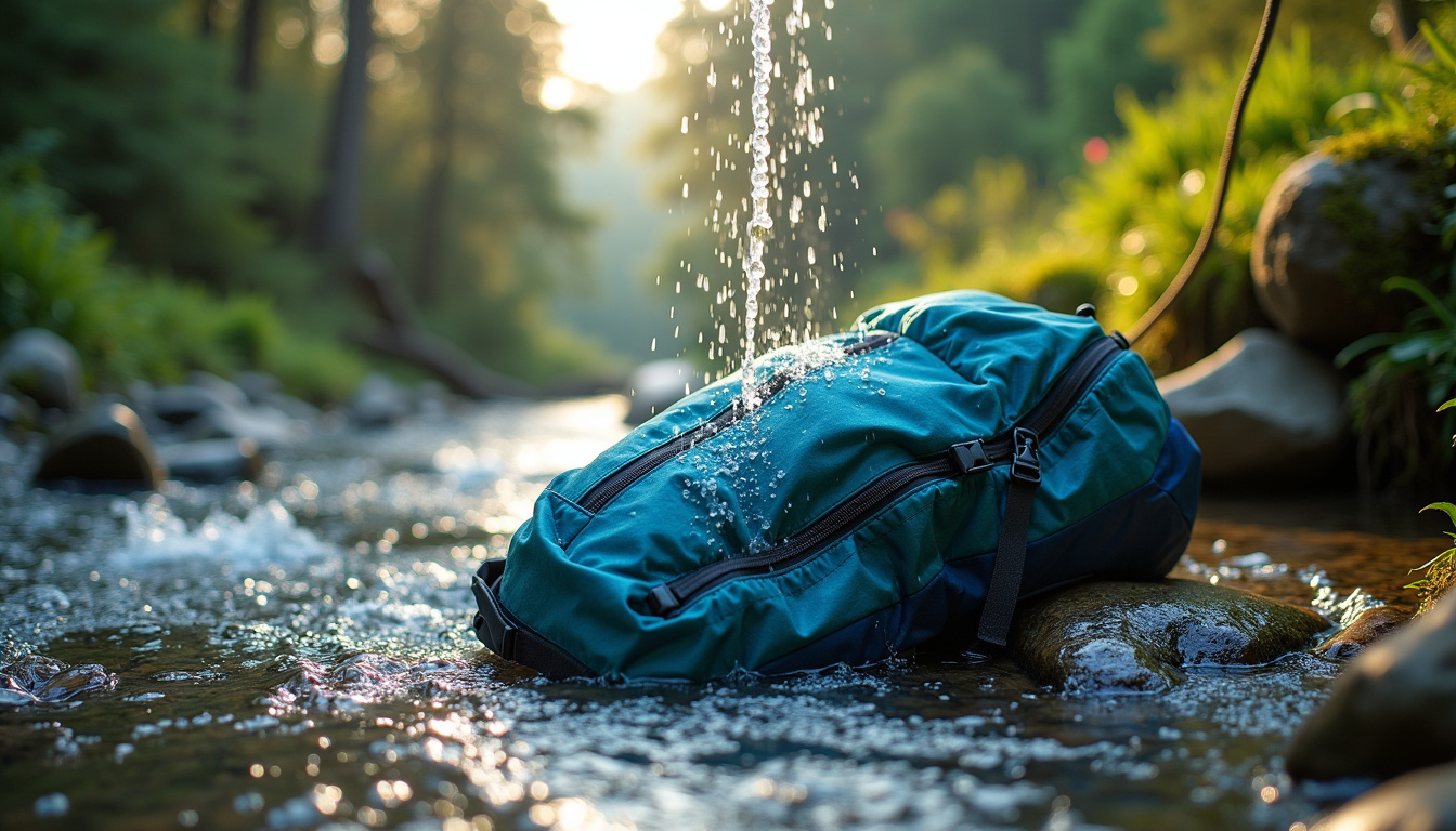 Nettoyage d'un sac de trail à l'eau claire après une course en montagne