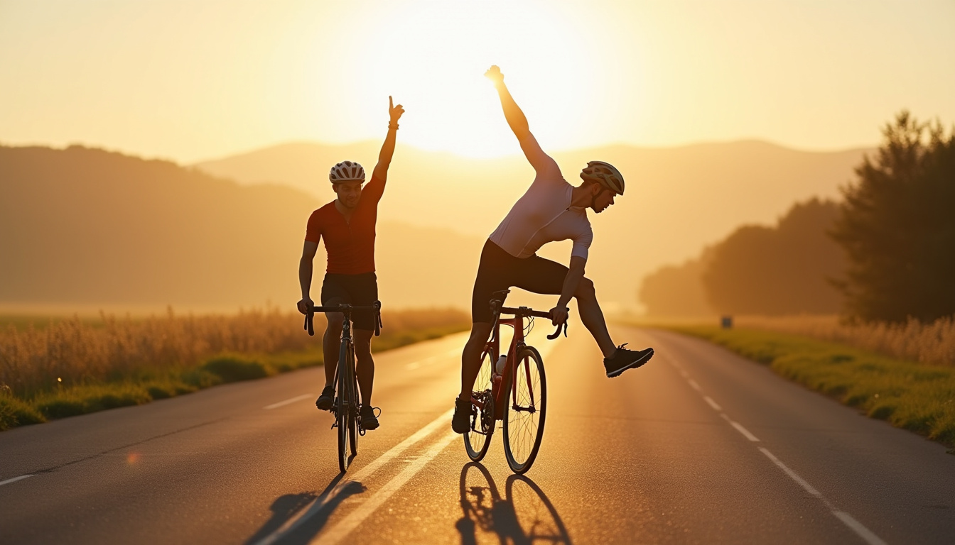 Cycliste effectuant des étirements dynamiques avant une sortie, debout à côté de son vélo, en mouvement contrôlé